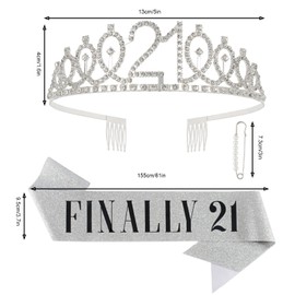 CAVETEE Silver Finally 21 Birthday Sash and Crown for Women 21st Birthday Tiaras and Sash Set for Women Birthday Decorations Silver Birthday Queen Crowns Tiaras for Women