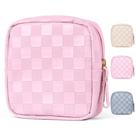 MAGEFY Small Makeup Bag for Purse, Checkered Makeup Bag Small Pouches for purse Leather Mini Make Up Bag Cute Cosmetic Bag for Women with Slip-in Pockets,Pink