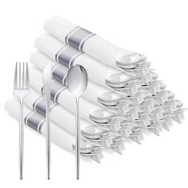SUT 50 Pack Pre Rolled Silver Plastic Silverware Set, Silver Plastic Silverware Set Include 50 Forks, 50 Knives, 50 Spoons, 50 Napkins, Plastic Cutlery, Silver Plastic Utensils for Party and Wedding