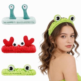 PBPCGBW 3Pcs Makeup Headband for Women, Spa Hairband with Fluffy Frog Deer Snails Designs Microfiber Head band Face Wash Headband Skincare Hair Accessories for Cosmetic Shower
