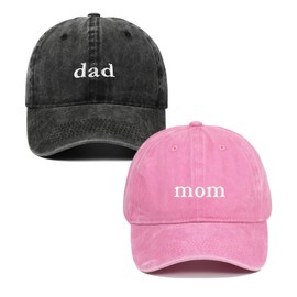 YUNXIBASECAP 2PCS Dad and Mom Hats for Men Women, Funny Adjustable Cotton Embroidered New Parents Gifts Baseball (Cotton, Black dad+ Pink mom)