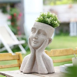 LuxenHome Outdoor Planter, 14" Fiber Stone Planter Pot, Speckled Bust Head Planter, Garden Sculpture Flower Pot for Front Porch, Courtyard, Indoor Outdoor Use
