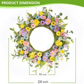 TIVMIK 24" Front Door Wreath for Spring Summer Floral Seasonal Wreath with Colorful Flower Vibrant Artificial Daisy &Eucalyptus with Berries for Indoor & Outdoor Wall Home Decor