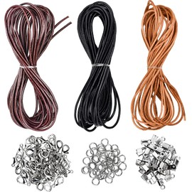 Pack of 3 Leather Cord 2 mm x 5 m, Round Leather Cord with 150 Jewellery Making for DIY Bracelet Necklace Jewellery Crafts - Black/Brown/Coffee