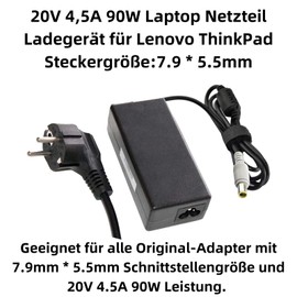 Aukson K34C Laptop Power Supply 20V 4.5A 90W AC Charger for Lenovo ThinkPad X230 T530 T520 T420 X220 T410 X201A - 7.9x5.5mm Plug