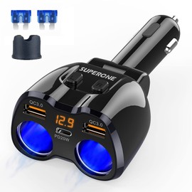 [2025 Upgraded] Cigarette Lighter Splitter, SUPERONE 180W 2-Socket Cigarette Lighter Adapter with Dual QC3.0 and 20W PD USB C Car Charger Splitter for GPS/Dash Cam/Laptop/iPad/iPhone 16/15/14/13/12/11