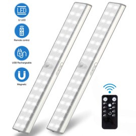 Litake Under Cabinet Lighting Rechargeable, Dimmable Wireless 32 LED Closet Under Counter Shelf Lights with Remote, Stick On Magnetic LED Light Bar with Timer,2 Packs