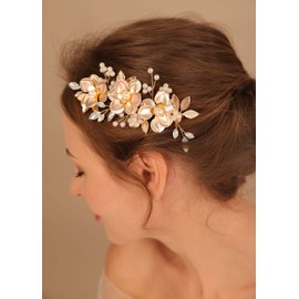 Deniferymakeup Bride Wedding Hair Comb Clip Gold Flower Bridal Hair Clip Opal Rhinestone Clip Wedding Hair Accessory for Women and Girls (Style 2)
