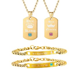 Uloveid Gold Color His Queen and Her King Titanium Necklaces & Bracelets Matching Couples Cuban Link Chain Jewelry Set Valentine's Day Gift for Men and Women SN124 (Gold Necklace+Bracelet)