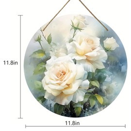 MEiySH Flowers Front Door Sign Hanging Sign Farmhouse Wooden Wreath Hanger for Home Outdoor Indoor Front Door Decor (Off White Roses)