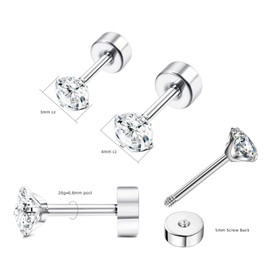 3mm Tiny CZ Cartilage Screw Back Eearrings,Cubic Zirconia Stud Earrings,Helix Tragus Cartilage Piercing Hypoallergenic Earring Screw Back Earrings Studs Gift for Women Men Girls(Silver, 3mm)