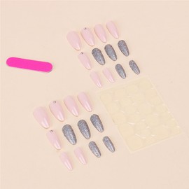 Nude Pink Press on Nails Almond Medium Fake Nails with Glitter Designs French Glue on Nails Glossy Nail Pointed Acrylic Nails Full Cover Artificial Stick on Nails for Women Manicure Decorations 24Pcs
