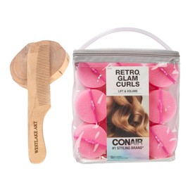 CONAIR Foam Hair Rollers | Bundle With Wooden Comb - 9 Large Rollers For Voluminous Curls, Heatless Retro Glam Styling, Grip, Easy Storage Case, Sleep Rollers [Pack Of 1]