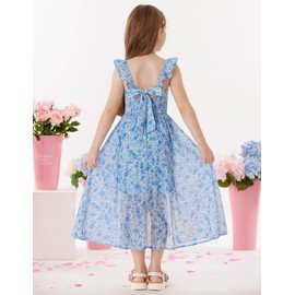GRACE KARIN Girls Summer Dress Blue Floral Spring Casual Maxi Hawaiian Vacation Dresses Size 8-10