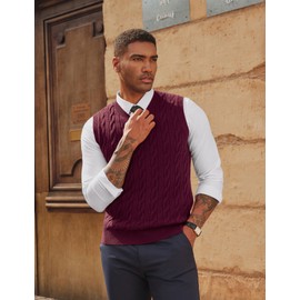 PJ PAUL JONES Mens Sweater Vests Stylish V Neck Warm Sleeveless Vests for Casual Wine Red, L