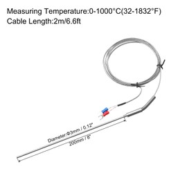QUARKZMAN K Type Thermocouple Temperature Sensor Probe 3 x 200 mm 6.6 ft Wire 0 to 1000 °C (32 to 1832°F) Stainless Steel