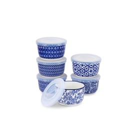 Selamica Ramekins with Lids, 8 oz Oven Safe Creme Brulee Ramekins with Covers, Souffle Dishes Pudding Custard Cups, Stackable Ceramic Small Ramekin Bowls Set for Baking, Dipping, Ice Cream, Set of 6, Vintage Blue