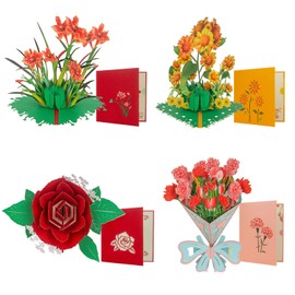 Pop Up Card, Mother's Day Cards, 4 Pieces Flower 3D Greetings Card, Thank You Card with Envelope Moms Cards for Valentine's Day Mother's Day Thanksgiving Day Birthday Anniversary Wedding