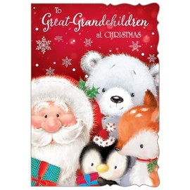 Great Grandchildren Christmas Card -Santa & Friends with Silver Foil 7.5x5.5"