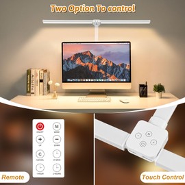 LED Desk Lamp for Office Dorm Home - Eye Caring Desk Light with Timer, Remote Control 24W Brightest Dual Screen Computer Monitor Gooseneck Dimmable Table lamp with Anti-Glare Cover Clamp & Base