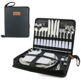 Camping Silverware Set with Case, 23 Pcs Camping Mess Kit with Stainless Steel Plates, Picnic Set for 4, Travel Silverware Set, Camping Utensils for Eating, Portable Cutlery Set (4 People, Black)