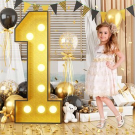 4FT Marquee 1 Numbers, Light Up Numbers 1 Mosaic Numbers Glitter Gold Black Light Up Letter Pre-Cut Foam Board Sign Marquee for Birthday Party Decorations, Wedding, DIY Anniversaries