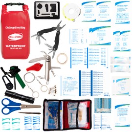 WELL-STRONG Boat First Aid Kit with Survival Tools, 123pcs Waterproof Emergency Marine Kit with Buckles, Compact Boat Safety Accessories for Fishing Kayaking Boating Camping Rafting Beach Red