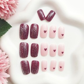 Valentine's Day Press on Nails Medium Square Fake Nails with Heart Designs Glitter Nails Press ons Glossy Glue on Nails Pink False Nails Valentines Stick on Nails for Women 24Pcs