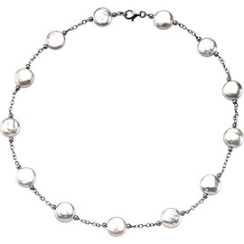 Sterling Silver 12-13 mm Freshwater Cultured White Coin Pearl Station 18" Necklace