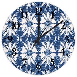 Wood Hanging Wall Clock Non-Ticking Sweep Movement Indigo Blue Trellis Ikat Geometric Russian Folk Cultural Accent Wood Clocks Farmhouse Wall Decor for Warehouse Office Conference Room 10 Inch