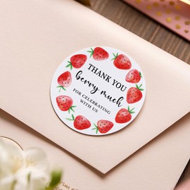 120 x Thank you Berry Much Themed Party Favor Tags Stickers - Strawberry Birthday Party Favor Labels - Berry Sweet First Birthday Thank You Stickers, 1.6”