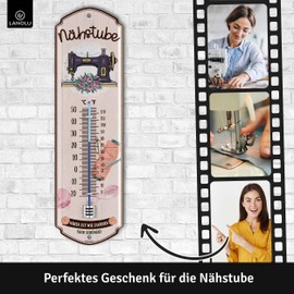 LANOLU Retro Tin Sign "NÄHSTUBE - NÄHEN IST WIE ZAUBERN Thermometer Gift for Seamstress - Decoration for Sewing Room, Farmhouse Decoration for Sewing Room, Gifts for Sewing Enthusiasts, 8 x 28 cm