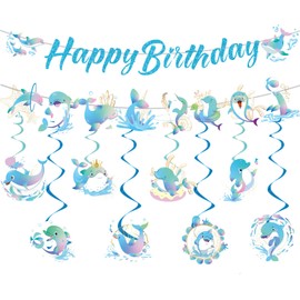 Yoyuspy Dolphin Birthday Party Decorations - 10PCS Dolphin Banners with Hanging Swirls Decoration Sea Animal Themed Happy Bday Decor Supplies