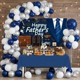 Father's Day Decorations Party Supplies Kit. 73x44in Happy Fathers Day Backdrop, 60 Premium Balloons & Tablecloth, Dad Theme Party Arch Kit for Home Wall Photo Photography