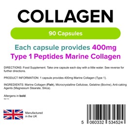Lindens Collagen (Marine) 400mg Capsules - 90 Pack - Marine Source Hydrolysed Collagen in A Rapid-Release Capsule for Maximum Absorption - UK Manufacturer