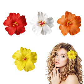 4Pcs Hawaiian Flower Hair Clips, 3.5 Inch Artificial Flower Clips, Hibiscus Flowers Clip for Vacation Beach Party, Boho Clips for Girls Wedding