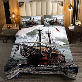 Sailboat Bedding Set Nautical Down Comforter Sailing Ship Comforter Set for Kids Boys Girls Wooden Boat Pirate Yacht Adventure Theme Quilt Set Bedroom Decor with 1 Comforter and 2 Pillow Cases Full