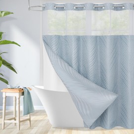 Craidlela No Hook Boho Blue Shower Curtain and Liner Set, Modern Baby Blue Shower Curtain with Snap in Liner, Hotel Style with See Through Top Window Shower Curtains for Luxury Bathroom Decor, 72x74