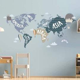 World Map Wall Sticker Set V248 | Hand-Drawn | Sticker Nursery | Wall Sticker Children's Room Map Country Map Countries Globe (Blue, 100 x 50 cm)