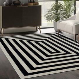 Abani Contemporary Black & Ivory 5'3" x 7'6" Area Rug, Contrasting Geometric Modern Stripe Symmetrical Living Room Carpet Rugs