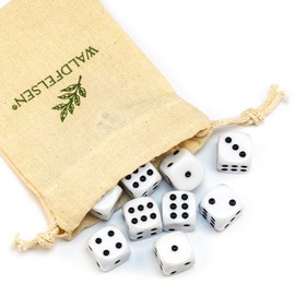 Waldfelsen 6, 12, 20, 30 or 50 High Quality Dice Standard Size 16 mm Acrylic Dice Puzzle Game Cube Dice 6-Sided Six Sided Game Accessories Set with Fabric Bag (White, Pack of 12)