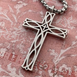 FORGIVEN JEWELRY Cross Jesus Fish Ichthus Rhodium Metal Finish Pendant Stainless Steel Heavy Chain Necklace