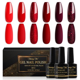 Shining She Semi-Permanent Nail Polish, 6 Colors Burgundy Red Brown Glitter, UV Soak-Off for Novice Nail Art DIY, 8ml