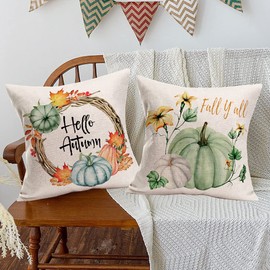 Fukeen Pumpkin Home Fall Decor Throw Pillow Covers 24x24 Inch Set of 4 Autumn Harvest Maple Leaf Flower with Blue Truck Rustic Farmhouse Decorations Pillow Cases Thanksgiving Cotton Linen