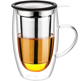 Baalaka Double Wall Glass Tea Cup With Stainless Steel Infuser and Lid, 16oz Borosilicate Glass Tea Mug, Tea Infuser for Loose Leaf Tea, Teas Gifts for Lovers