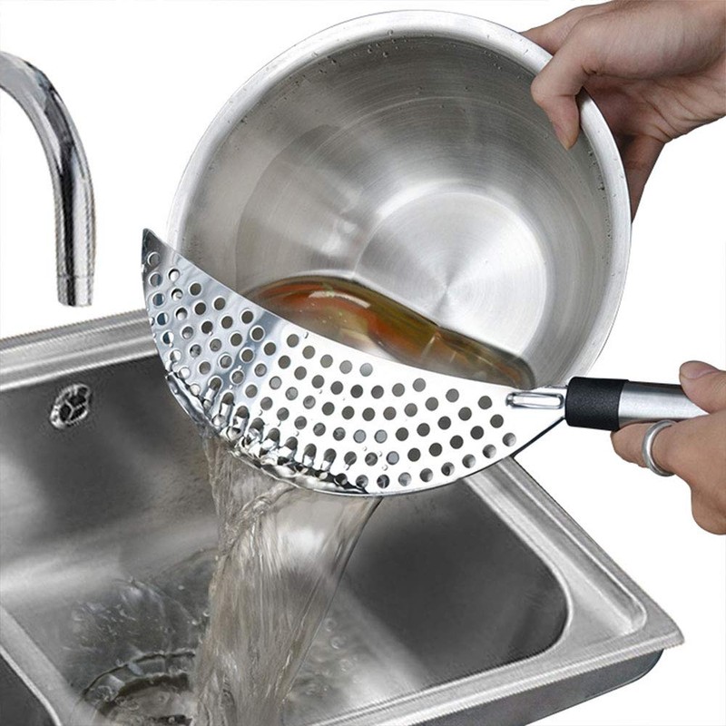 Stainless Steel Pot Strainer with Handle, Crescent Half Moon Shaped