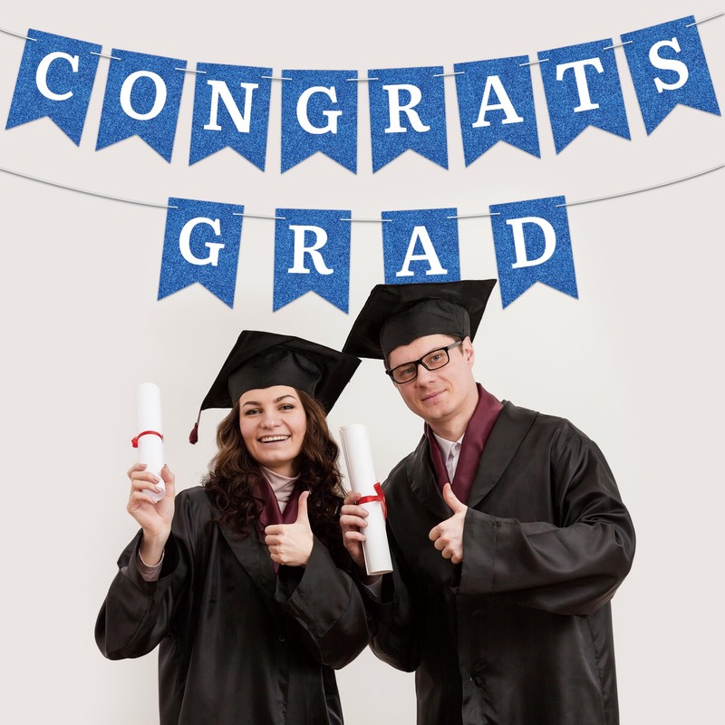Graduation Banner Pre-strung Congrats Grad Banner Blue Glittering Process Paper