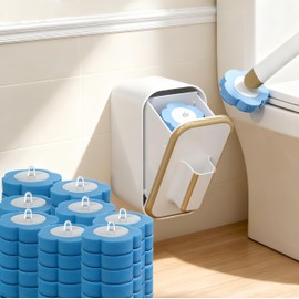 LYNHOCY Juego de Cepillo y Base para Inodoro desechable (Incluye 48 Cabezales de Repuesto y Base) - Diseño de Montaje en Pared con Agarre ergonómico para baños, inodoros y autocaravanas