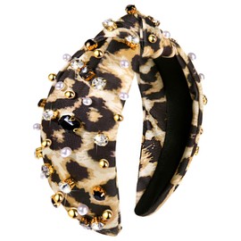 NVENF Leopard Headband for Women Rhinestone Pearl Knotted Headband Beaded Embellished Cheetah Headband Boho Leopard Printed Wide Top Knot Headband Fashion Hair Accessories (Leopard 2)