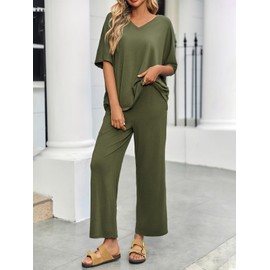 Tankaneo - Conjunto de 2 piezas para mujer, de manga corta, cuello en V, camisetas de pierna ancha, pantalones a juego, Verde Armada (ArmyGreen), L